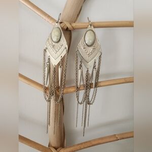Gold statement drop earrings, stone accent, dangling chain and spikes, NIB